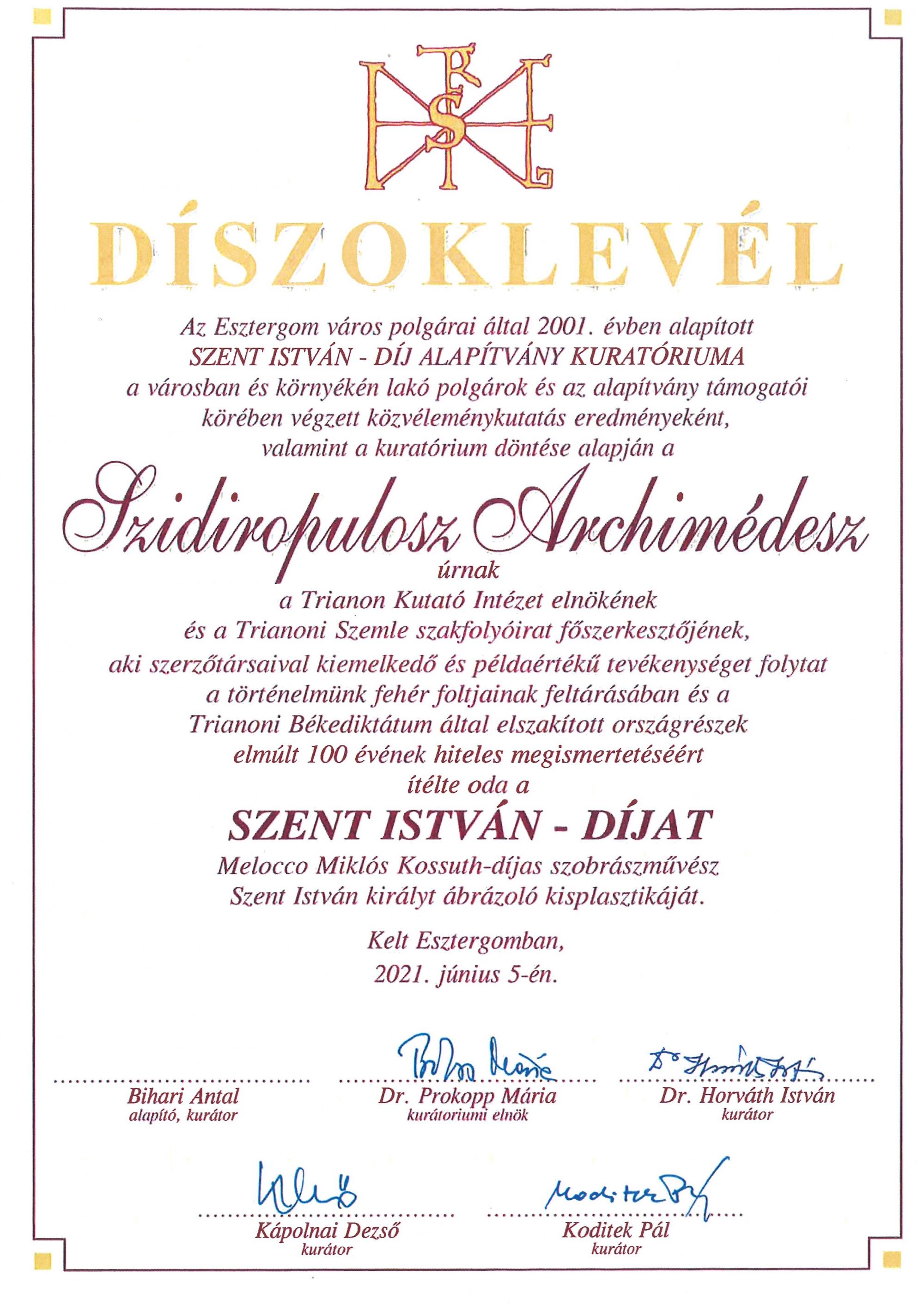 Szent István díj oklevél Szidiropulosz Archimédesznek